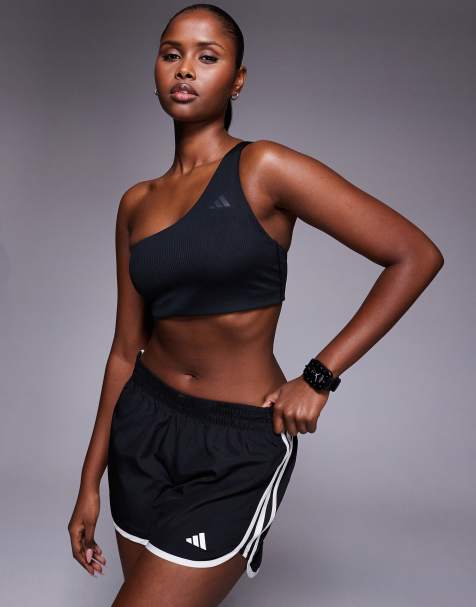 adidas Training Optime ribbed light support one shoulder sports bra in black - view 1