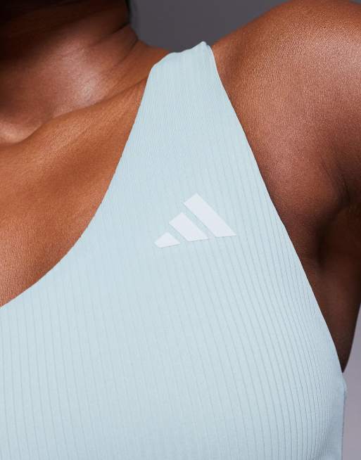 adidas Training Optime ribbed light support one shoulder sports bra in sage, 3 of 4