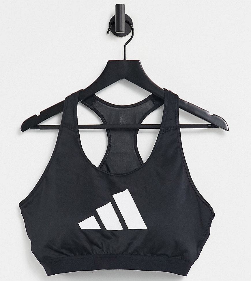 Adidas Training Plus 3 bar logo racer back medium support sports bra in black