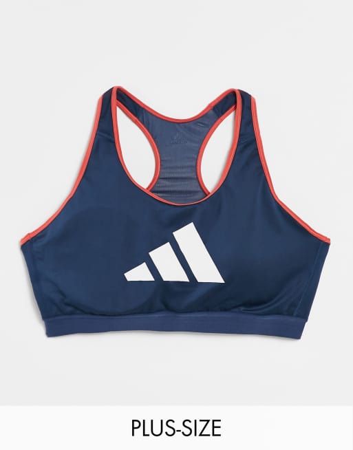 Adidas Training Plus 3 Bar Logo Racer Back Medium Support Sports Bra In Blue Nasscorp