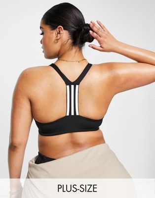 adidas Training Plus 3 Stripe design mid-support sports bra in black - ASOS Price Checker
