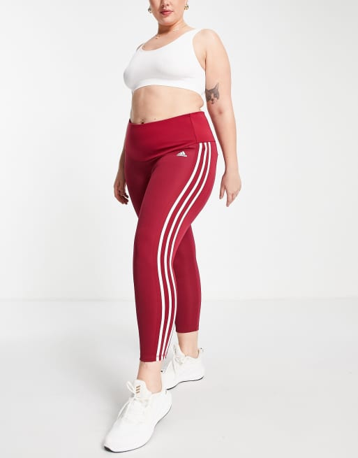 adidas Training Plus Essential 3 Stripe 7/8 leggings in burgundy