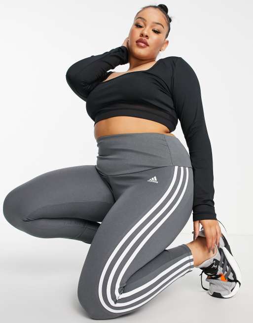 adidas Training Plus Essential 3 Stripe 7/8 leggings in grey | ASOS