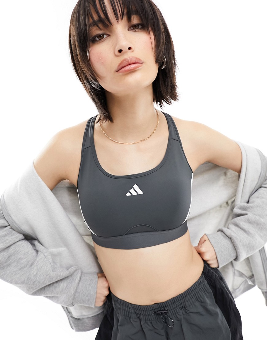 adidas Training Power React mid support bra in grey