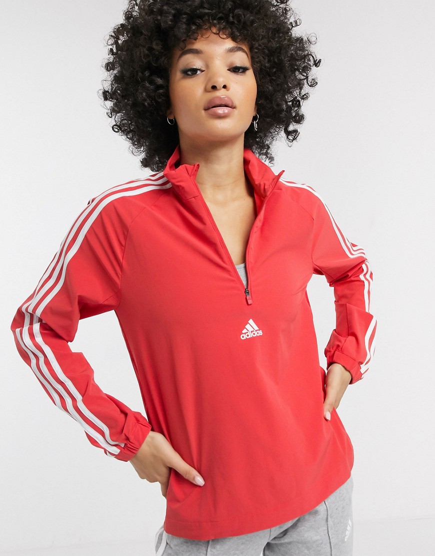 Adidas – Training – Röd sweatshirt med dragkedja och 3 ränder