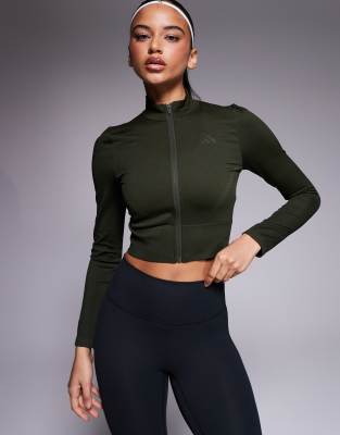 adidas Training seamless cropped jacket in dark khaki-Green