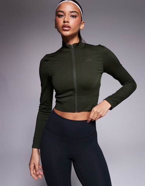 adidas Training seamless cropped jacket in dark khaki