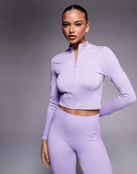adidas Training seamless cropped zip through top in purple