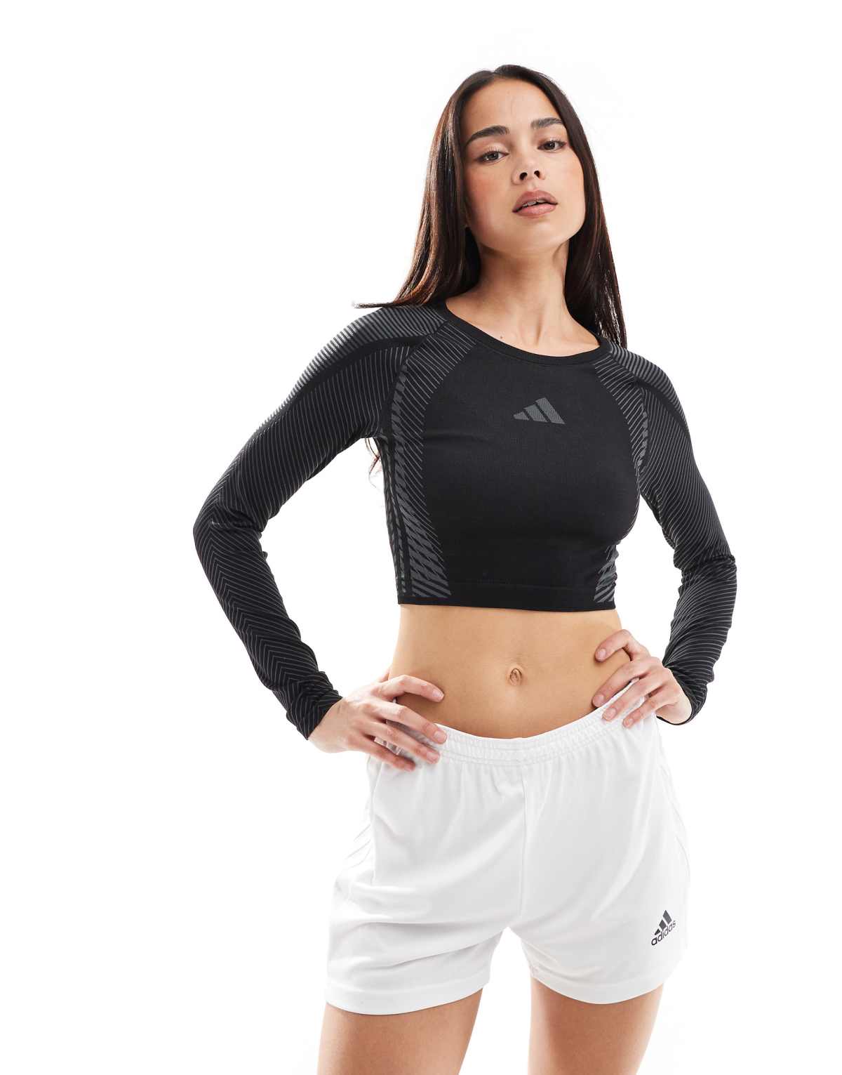 adidas Training seamless long sleeve crop top in grey and black