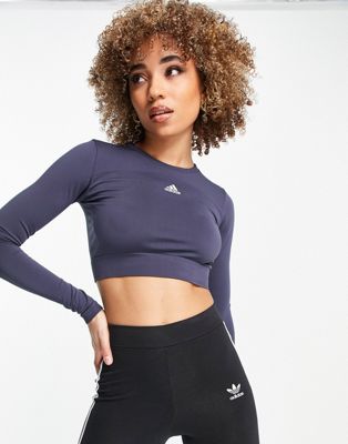 adidas Training Seamless panelled crop long sleeve top in navy