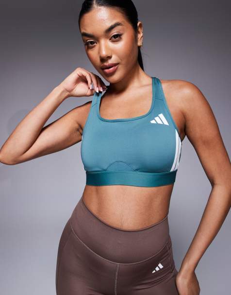 adidas Training – Sport-BH in Petrol und Weiß mit mittlerer Stützkraft und den 3 Streifen - view 1
