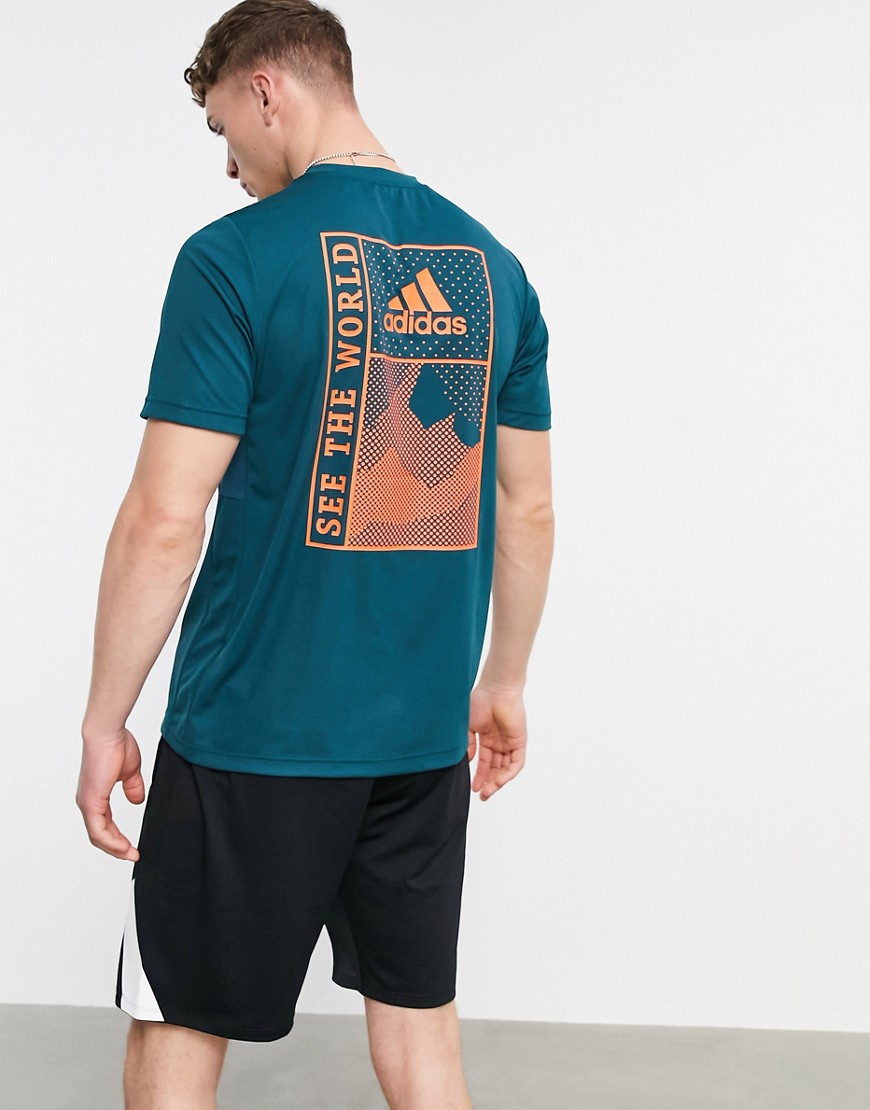 Adidas Training Sportforia back print t-shirt in teal-Blue