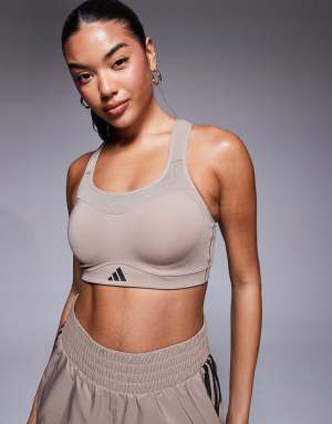adidas Training Strength high support sports bra in chalky brown
