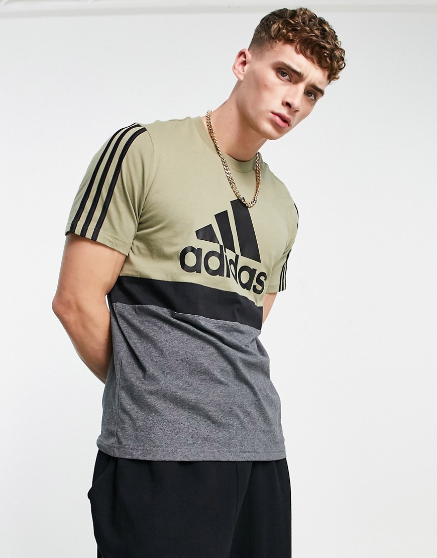 Adidas Training t-shirt with colourblock logo in khaki and grey-Green