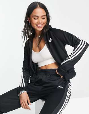 adidas black 3 stripe tracksuit