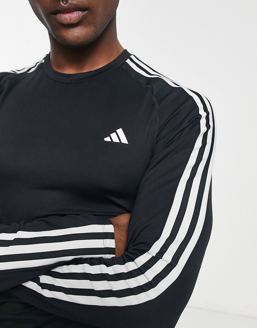 adidas Training Tech Fit 3 stripe long sleeve t-shirt in black