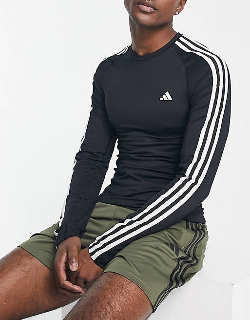 bagageruimte ding vervaldatum adidas Training Tech Fit 3 stripe long sleeve t-shirt in black | ASOS