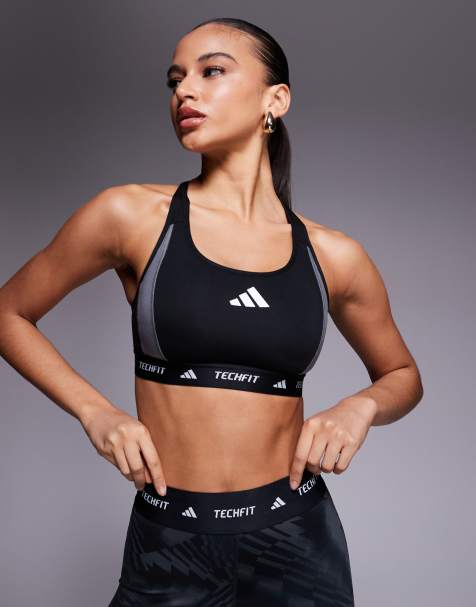 adidas Training Tech Fit mid support sports bra in black colourblock - view 1