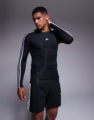 adidas Training – Tech-fit – Svart, långärmad topp, 3 ränder - view 1