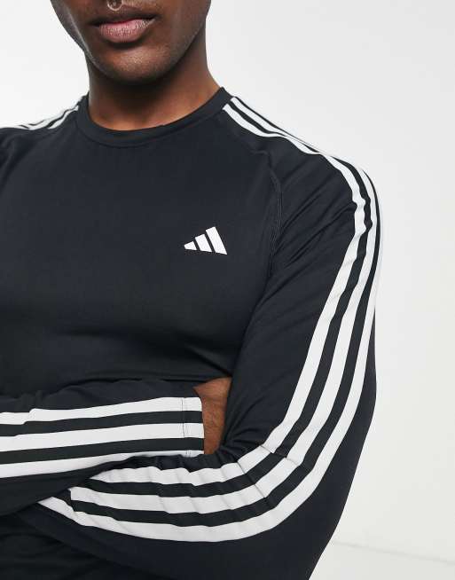 adidas Training Tech fit T shirt met 3 Stripes en lange mouwen in zwart