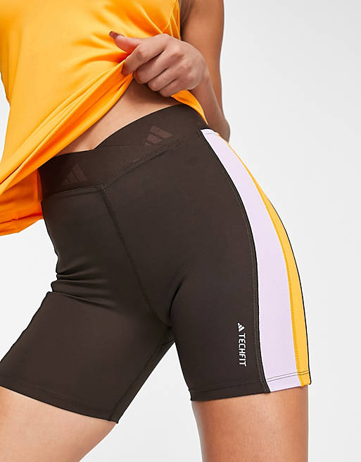adidas Training Techfit color block high rise legging shorts in brown, orange and purple ASOS