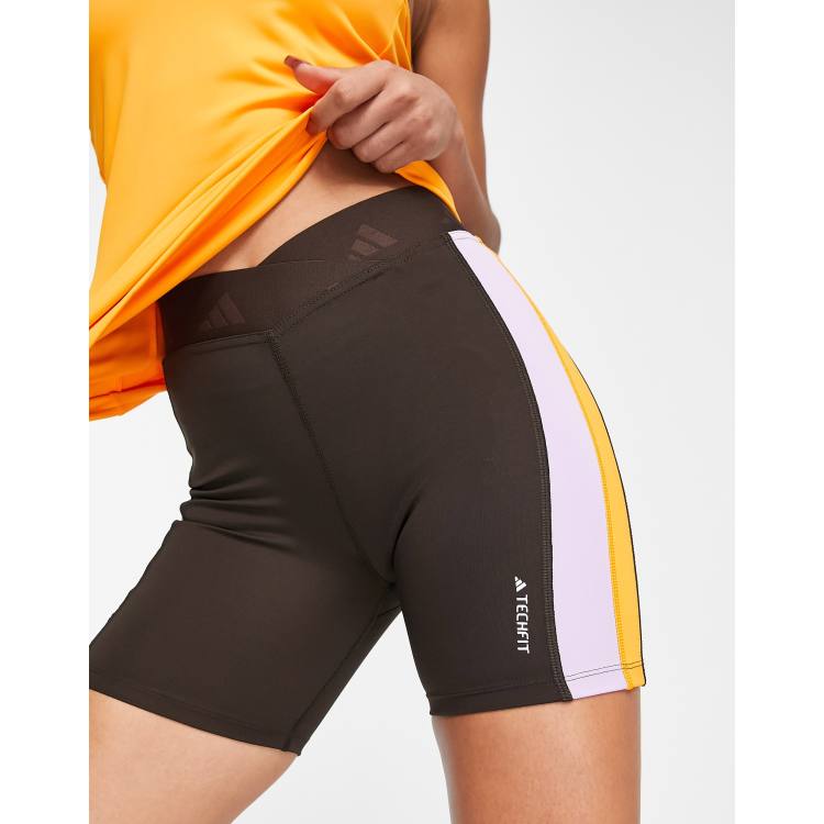 adidas Training Techfit color block high rise legging shorts in brown,  orange and purple