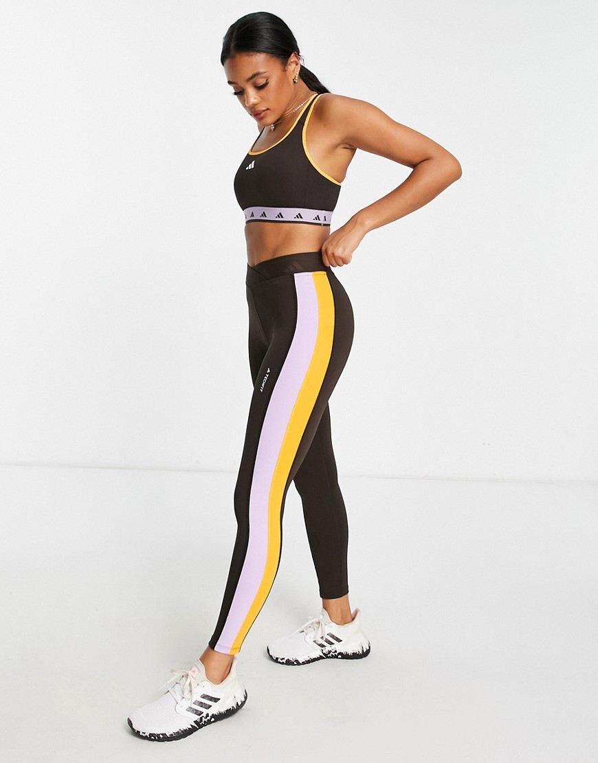 Adidas Training Techfit color block high rise leggings in brown, orange and purple