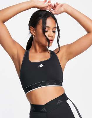 adidas Training Techfit color block mid-support sports bra in black and  white