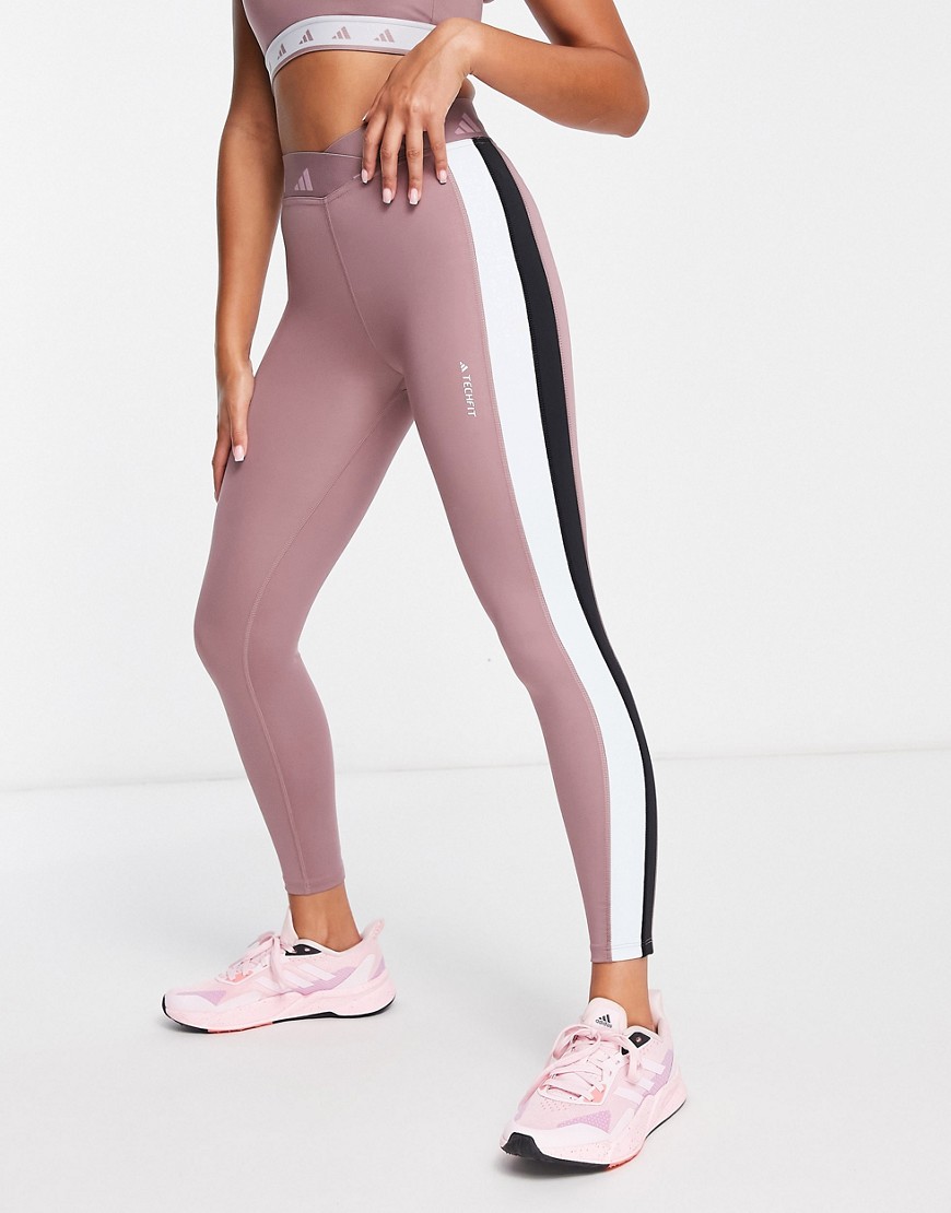 adidas Training Techfit colour block high waisted leggings in purple with black/white side stripes-R