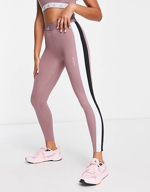 adidas Training Techfit colour block high waisted leggings in purple with black/white side stripes