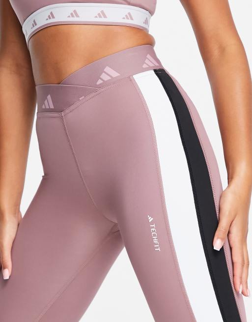 adidas Training Techfit colour block high waisted leggings in purple with black/white side stripes, 4 of 4