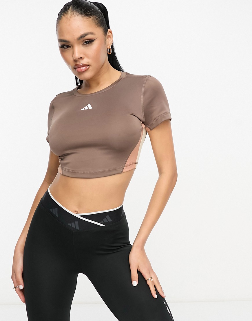 adidas Training Techfit colourblock cropped t-shirt in brown