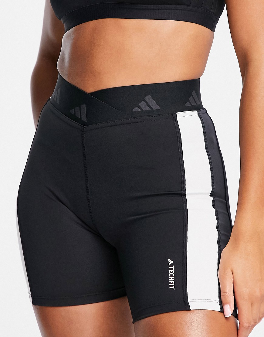 adidas Training Techfit colourblock high waisted legging shorts in black and white