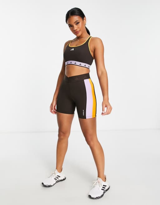 adidas Training Techfit colourblock high waisted legging shorts in brown,  orange and purple