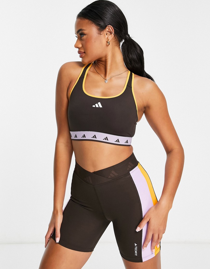 adidas Training Techfit colourblock mid-support sports bra in brown, orange and purple