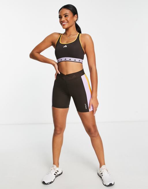 adidas Training Techfit colourblock mid-support sports bra in brown, orange  and purple