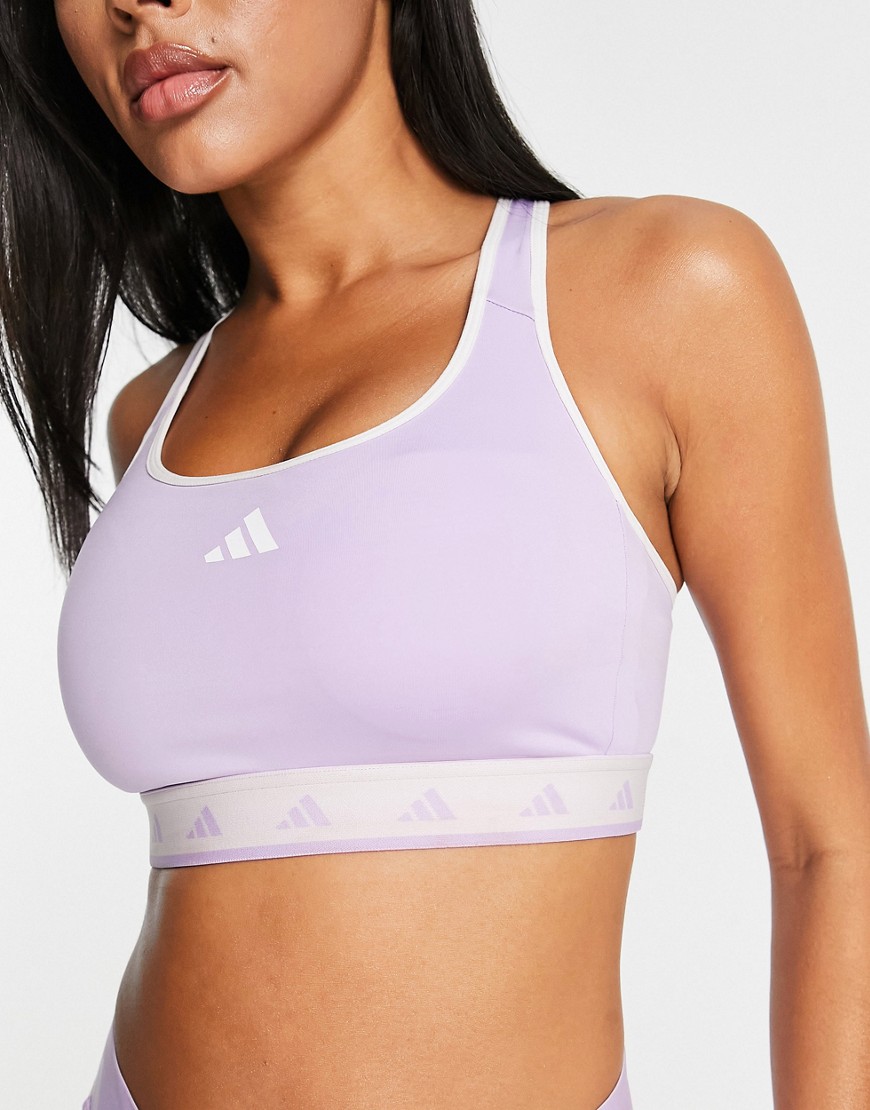 adidas Training Techfit colourblock mid-support sports bra in purple, white and orange