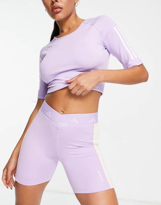 adidas Training – Techfit – Fioletowo-biało-pomarańczowe krótkie legginsy z wysokim stanem i blokami kolorów