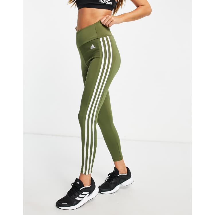 adidas Training three stripe leggings in khaki