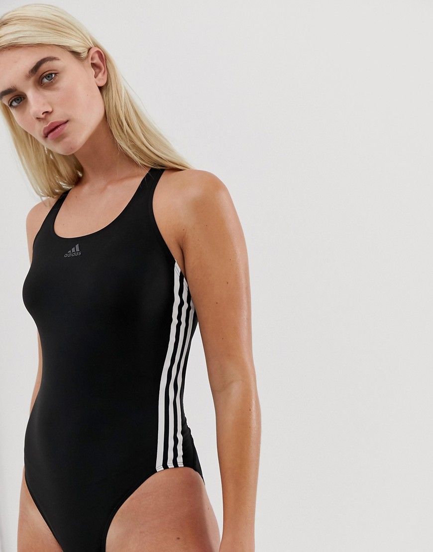 Adidas Training Three Stripe Swimsuit In Black