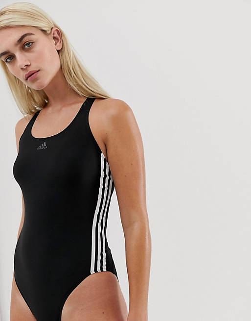 adidas Training Three Stripe Swimsuit In Black