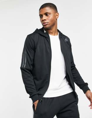 adidas originals three stripe zip thru hoodie in black