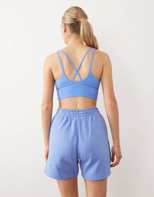 adidas Training Three Stripes Studios mid support bra in blue and yellow, 4 of 4
