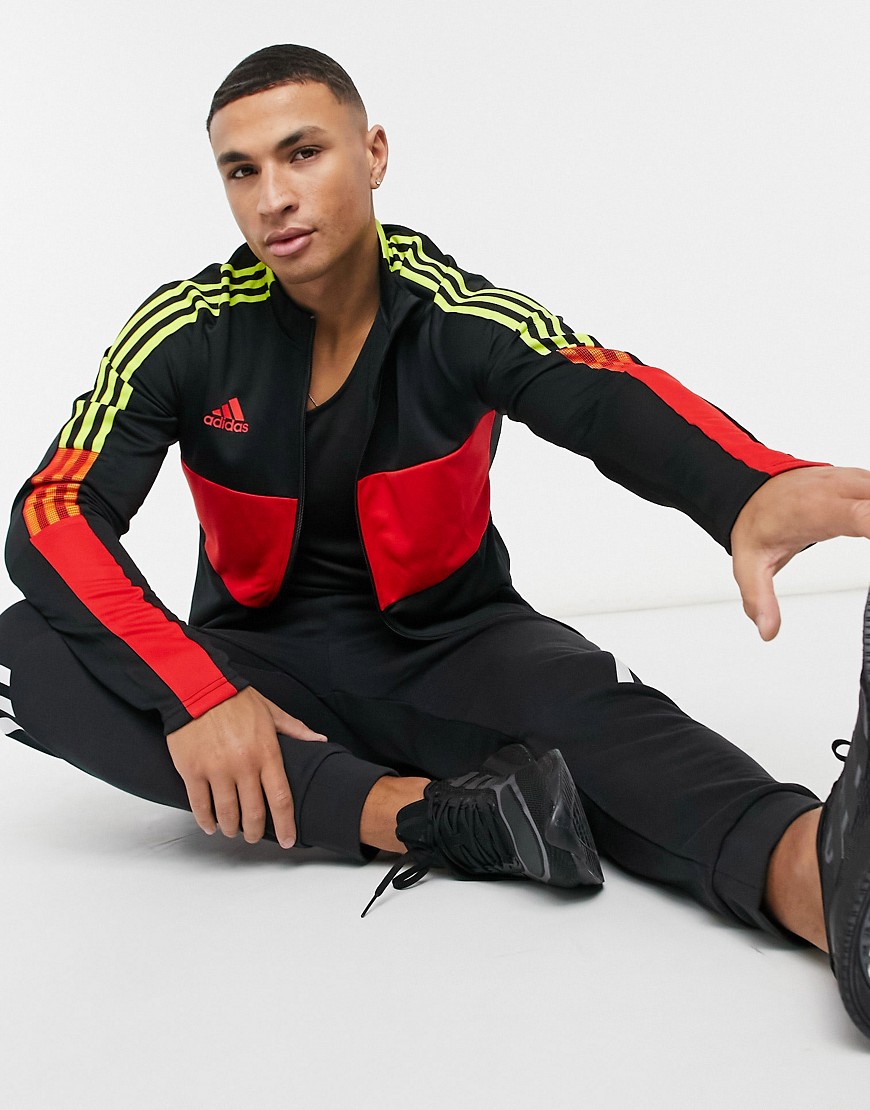 Adidas Training Tiro 3 stripe color block track jacket in black and red