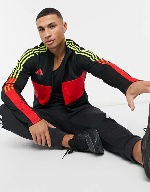 adidas Training Tiro 3 stripe color block track jacket in black and red