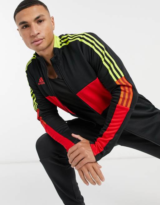 Adidas track top on sale black with red stripes