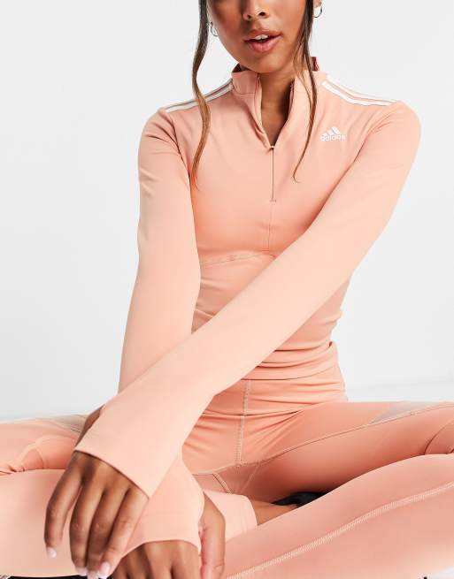 adidas - Training - Top a maniche lunghe con zip corta e 3 strisce rosa cipria, 3 di 4