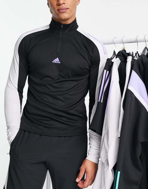 adidas - Training - Top nero a maniche lunghe con pannelli color block e zip corta