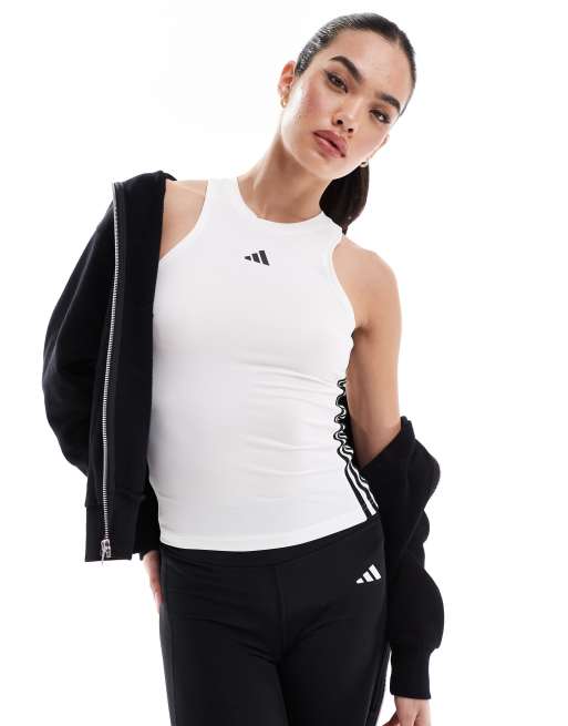 adidas Training Train Essentials 3 stripe singlet in white