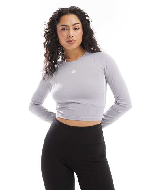 adidas Training Train Essentials long sleeve crop top in grey